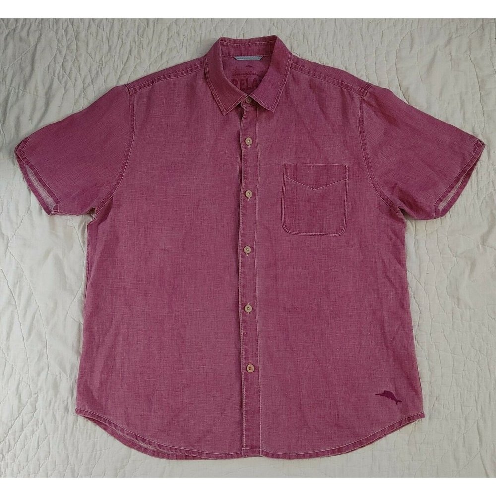Tommy Bahama 100% Linen Hawaiian Camp Shirt Relax Mens sz L Berry Color